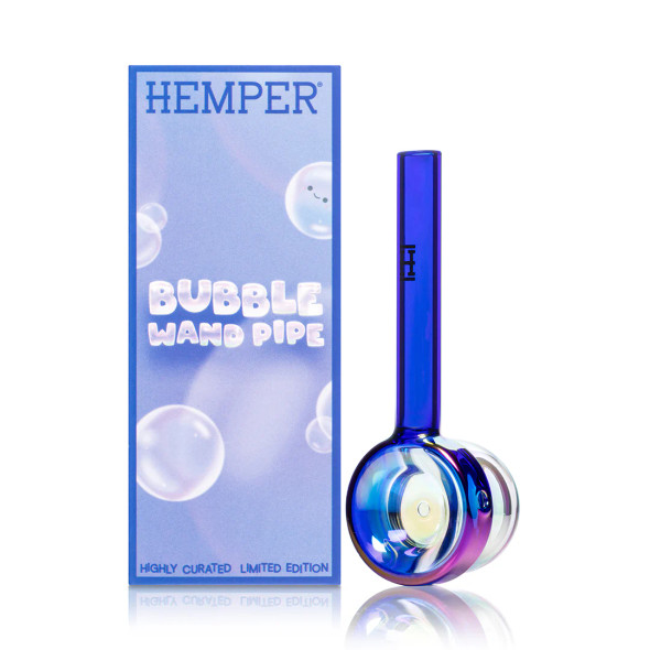 Hemper Bubble Wand Pipe box beside blue and clear glass hand pipe for retail shelf identification