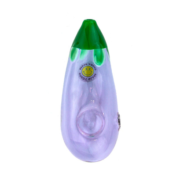 Purple eggplant-shaped glass hand pipe with green top and Goody Glass produce sticker detail