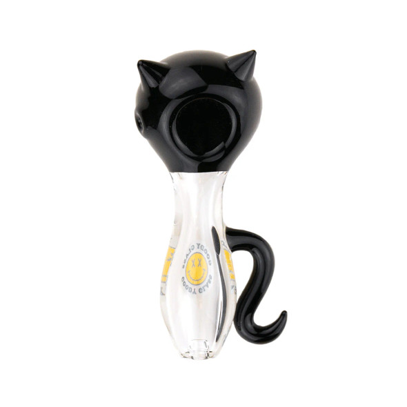 Black cat-shaped glass hand pipe with pointed ears, clear body, and curled black tail