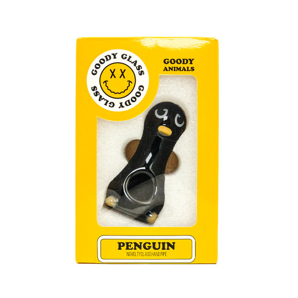 Goody Glass Penguin novelty hand pipe in yellow Goody Animals box with front display window