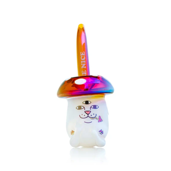 Front view of white Nermal mushroom glass sherlock pipe with amber cap bowl and curved mouthpiece