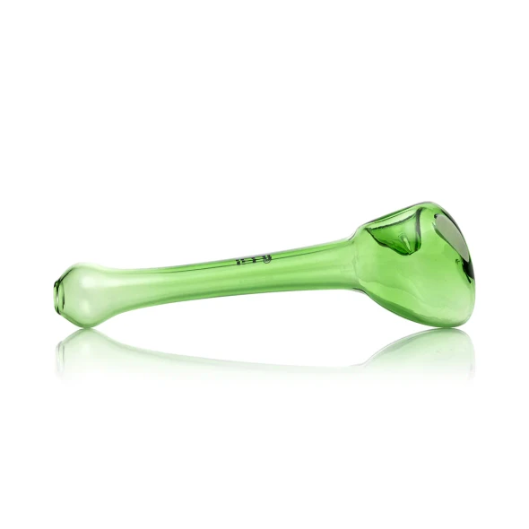 Side view of transparent green alien glass hand pipe with long stem and alien head bowl end