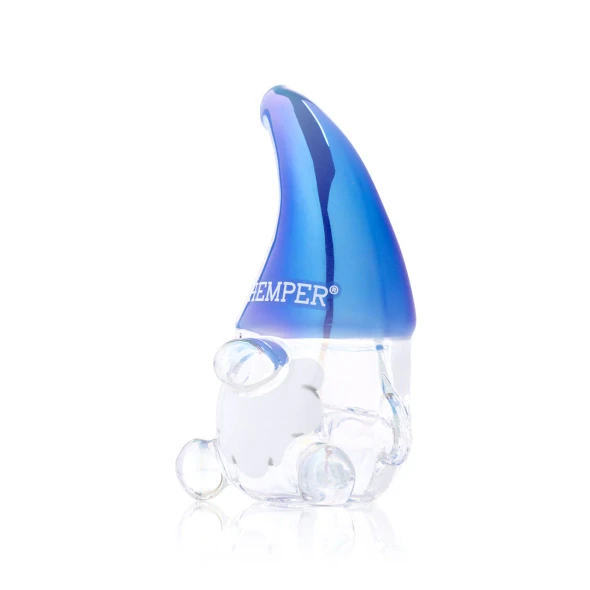 Side view of iridescent clear gnome glass hand pipe with blue hat and white beard decal