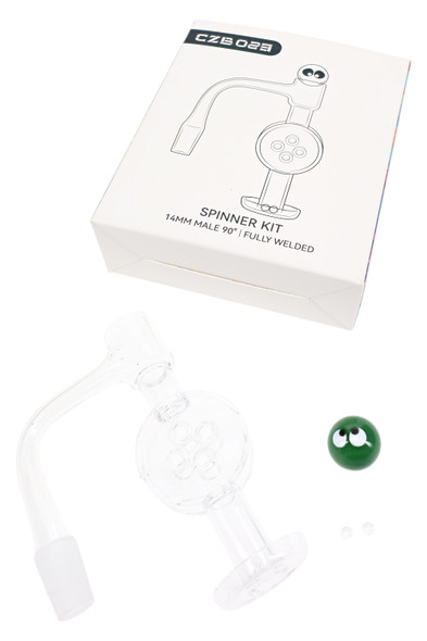 14.5 mm male fully welded terp slurper quartz banger spinner kit shown assembled with quartz accessories