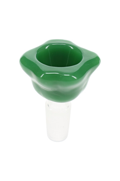 Wavy flower glass bowl shown from alternate angle with colorful slime-style glass detail