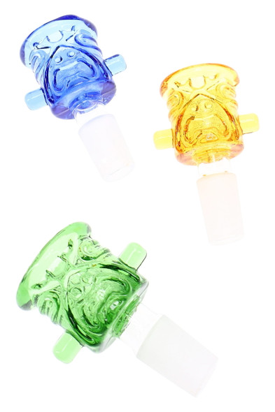 Colored 14.5 mm male glass-on-glass tiki bowl for water pipe accessory displays