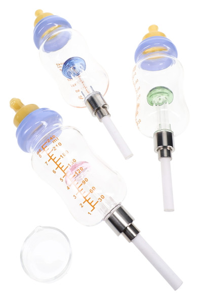 Glass bottle dab straw with mushroom perc, measure markings, ceramic tip, and quartz dish