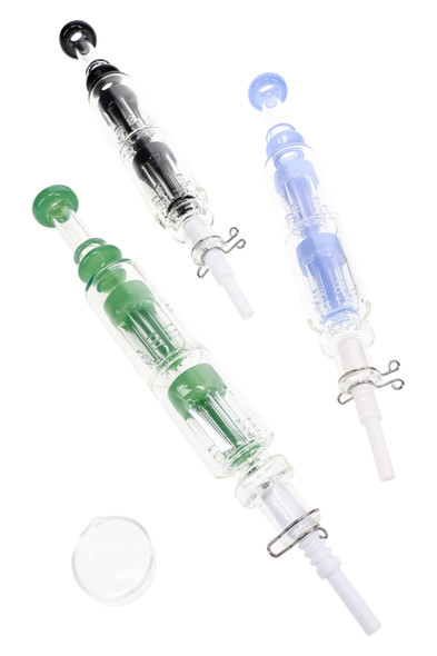 9.5" glass dab straw kit with double tree percolators, ceramic tip, quartz dish, and keck clip
