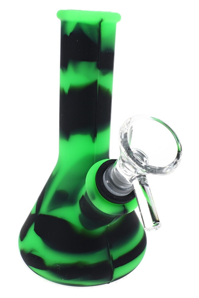 Compact silicone beaker water pipe shown from alternate angle with multicolor body detail