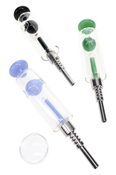 Colorful 5.5" glass dab straw with dome percolator, sphere accent, metal tip, and quartz dish