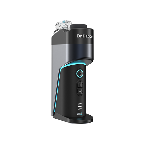 Dr. Dabber Switch GO black concentrate e-rig front view with glass top, buttons, USB-C port, and blue lighting