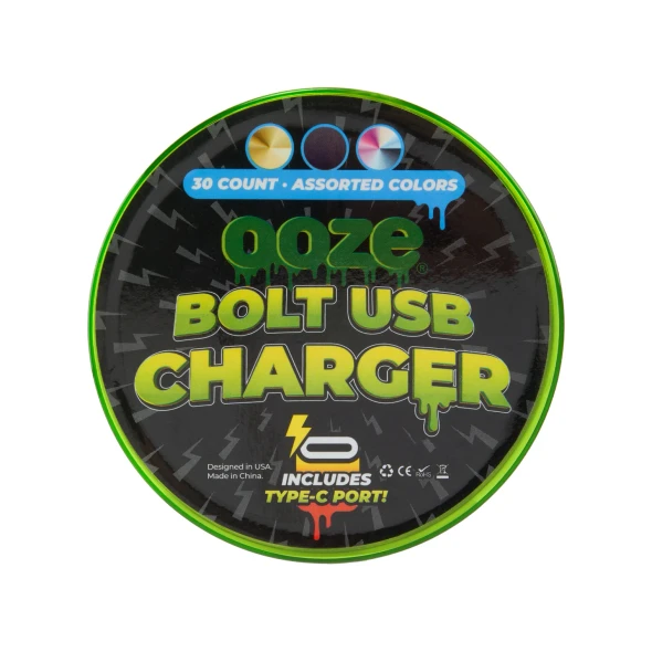 Top view of Ooze Bolt Charger tub lid showing Bolt USB Charger branding and multicolor graphics
