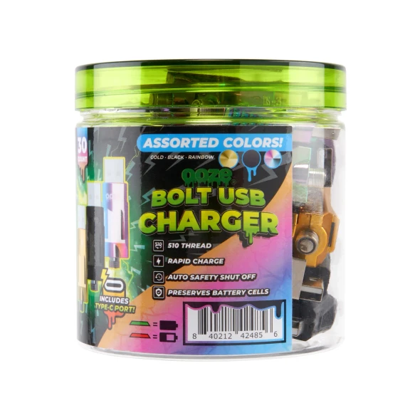 Ooze Bolt USB Charger 30ct clear tub with assorted Black, Gold, and Rainbow chargers inside