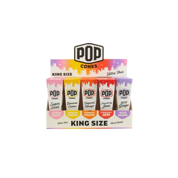 Front-facing POP King Size Ultra Thin display with five assorted flavor 3-pack boxes in retail tray