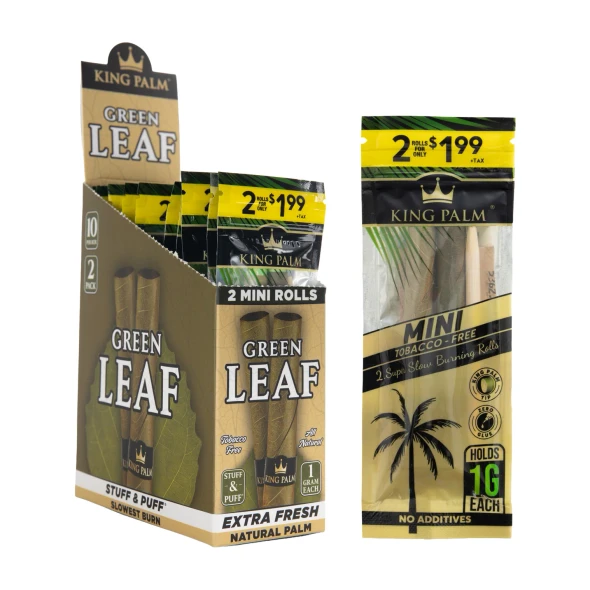 King Palm Mini PP $1.99 10ct display with resealable 2-roll pouches and green palm packaging