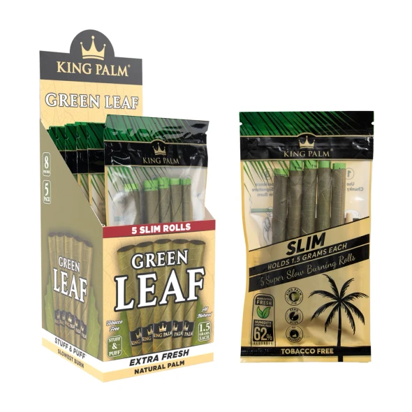 King Palm Green Leaf Slim 8ct display with 5-roll resealable pouch shown beside retail box