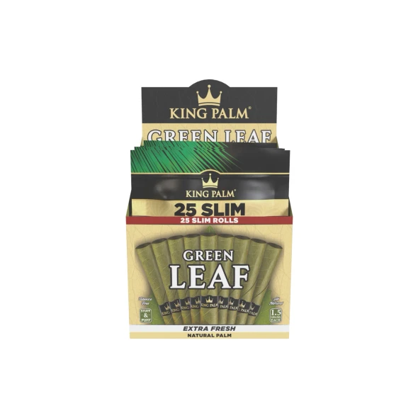 Front-facing King Palm Green Leaf Slim display with 25 Slim Rolls packaging and 1.5 g each callout