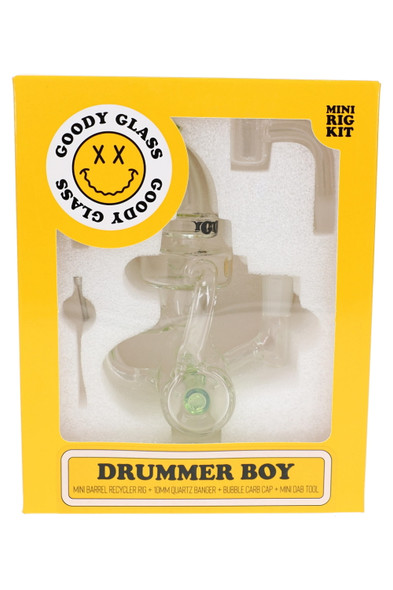 Goody Glass Drummer Boy mini dab rig kit in yellow retail box with 4-piece kit contents shown