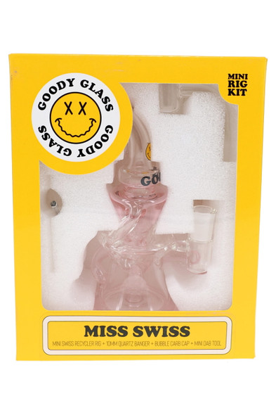 Goody Glass Miss Swiss mini dab rig kit in yellow box with included banger, carb cap, and dab tool