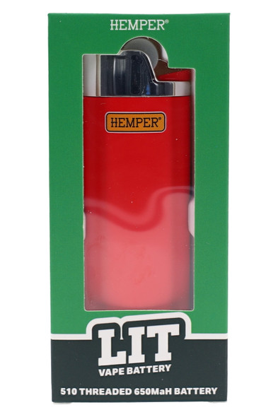 Red Hemper Lit vape battery visible through retail packaging window with 510 threaded 650mAh battery labeling