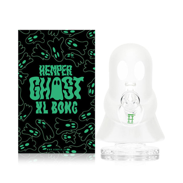 Hemper Ghost XL glass bong displayed beside branded retail box featuring translucent ghost-shaped body and wide clear glass base