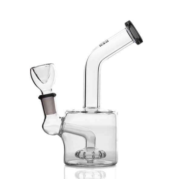 Side profile of clear showerhead puck water pipe with smoke-colored accents, bent neck, and puck-style chamber design