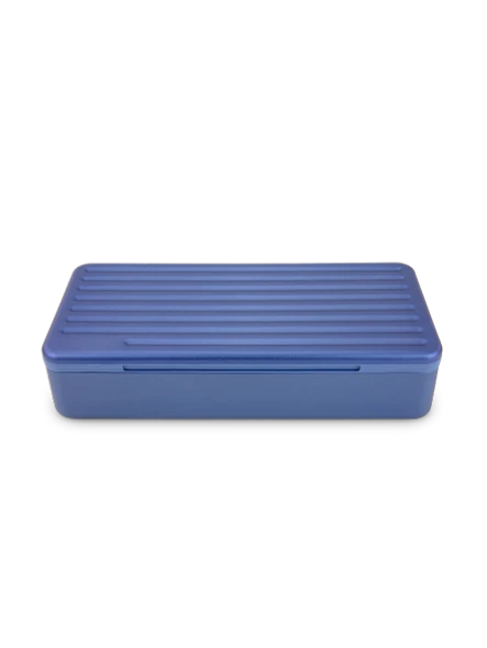 Closed Sapphire Puffco Travel Case with ridged rectangular exterior and rounded hard-shell shape