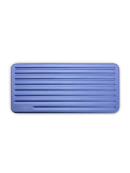 Overhead view of closed Sapphire Puffco Travel Case with ridged lid and small Puffco logo