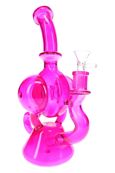 10" pink glass-on-glass recycler water pipe with curved chamber and upright retail display angle