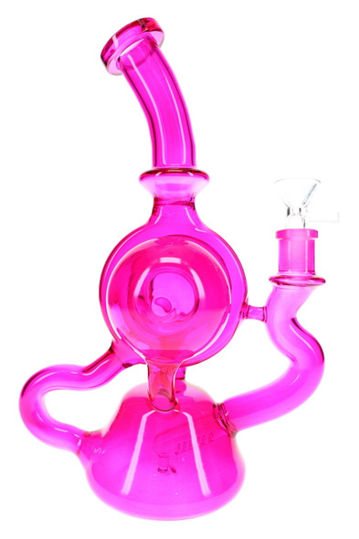 Deep pink recycler water pipe showing side profile, diffuser stem, and glass-on-glass connection