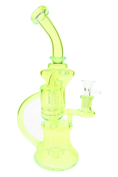 Neon green glass recycler water pipe showing dome perc details and 14.5 mm connection