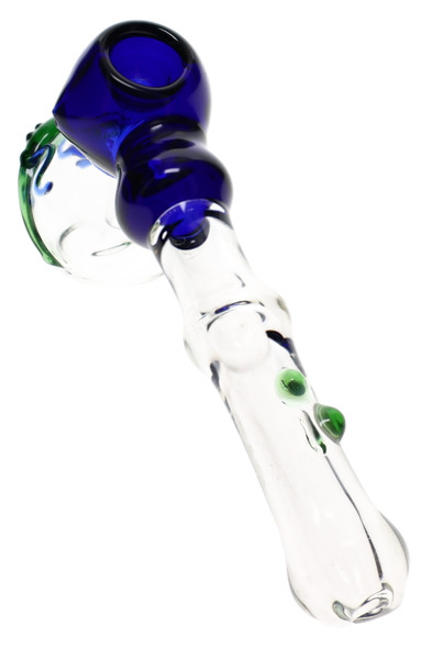 7" clear glass hammer bubbler with blue bowl and colorful lizard design on the body