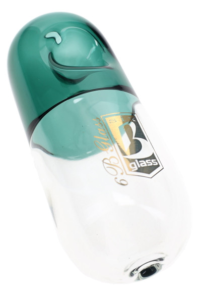 6B Glass steamroller pipe shown from side angle with compact pill-style glass body