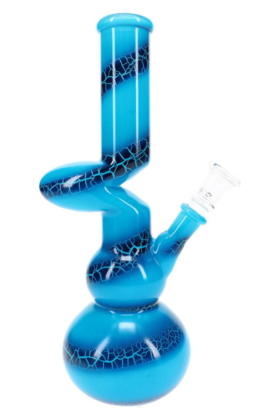 Glass-on-glass beaker water pipe showing colorful cracked paint finish and 14.5 mm connection