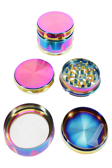 SharpStone 4-part rainbow metal grinder opened to show interior grinder sections