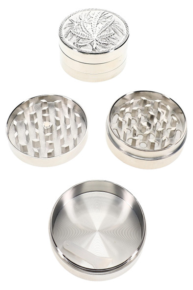 50 mm 3-part metal grinder opened to show grinding teeth and interior chamber
