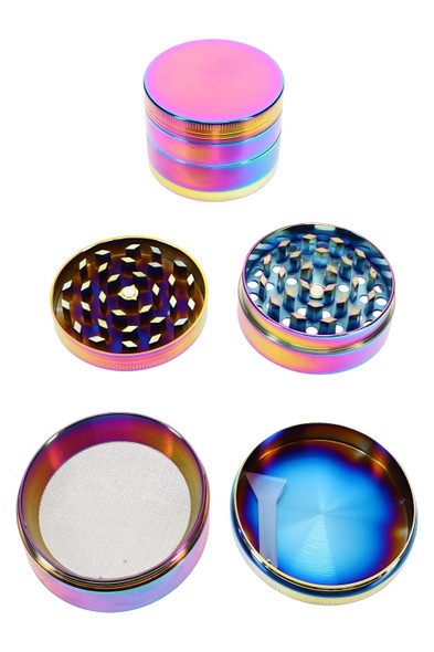 50 mm 4-part rainbow metal grinder opened to show interior grinder sections