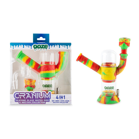 Retail-packaged Ooze Cranium 4-in-1 hybrid water pipe kit displayed beside assembled unit in Rasta colorway