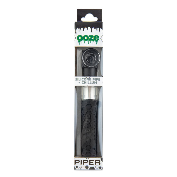 Ooze Piper silicone pipe and chillum in retail packaging with black silicone body and hanging display box