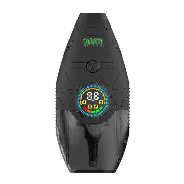 Ooze Hover concentrate vaporizer in lavender with illuminated digital screen showing battery and voltage indicators
