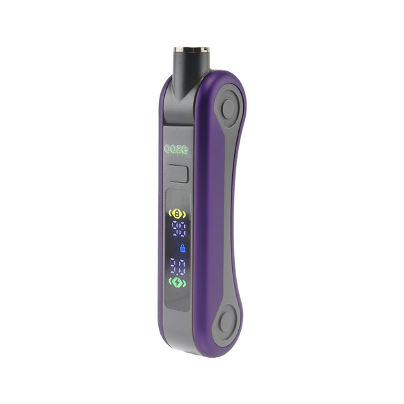 Angled front view of purple Ooze Hinge Flick 510-thread battery showing digital voltage display and concealed cartridge housing