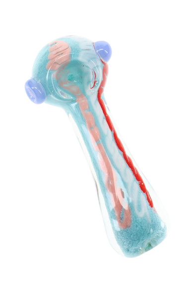 5" light blue frit glass spoon pipe with pink, white, and red squiggle accents and lavender glass marble details shown at an angled view