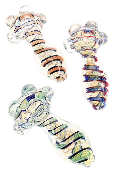 Assorted 4" ribbon swirl striped color-changing glass spoon pipes with clear marbles displayed in three color styles