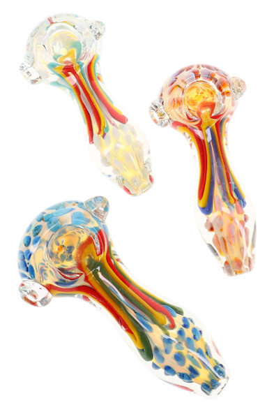 Assorted 4.5" silver fumed glass spoon pipes with multicolor squiggle stripes, raised dot accents, and clear glass marbles