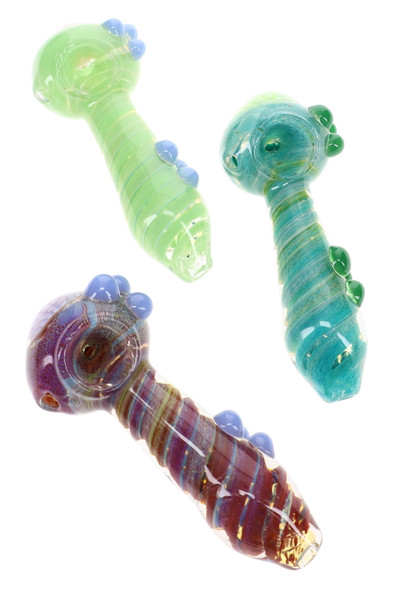 Assorted 5" color-changing silver fumed glass spoon pipes with swirl stripes, floral bowl accents, and raised marbles