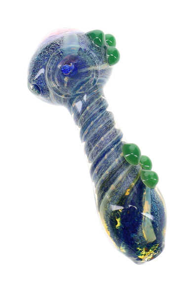 5" blue color-changing silver fumed glass spoon pipe with green marbles and swirl striped body shown at an angle