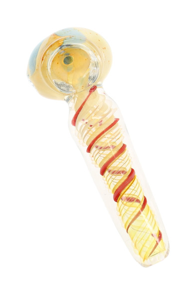 3.5" silver fumed glass spoon pipe with red spiral stripe body and pale blue bowl accent shown at an angle