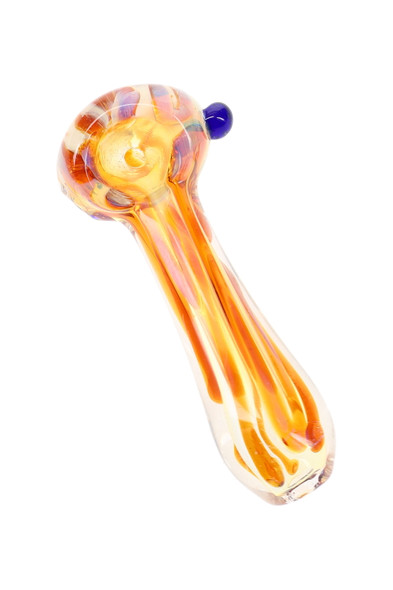 3.5" silver fumed squiggle striped glass spoon pipe with orange accents and blue glass marble shown at an angle