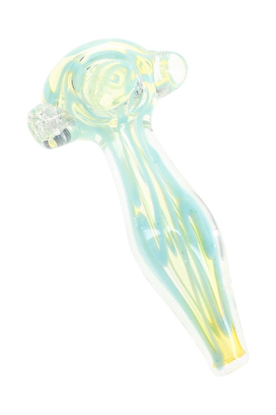 4" color-changing squiggle striped glass spoon pipe with pale blue accents and clear marble details shown at an angle