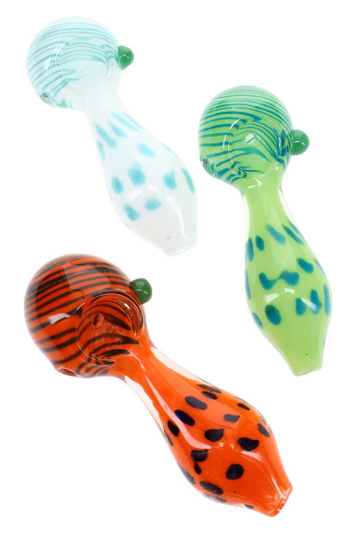 Assorted 4.5" bright frit striped dot glass spoon pipes in white, green, and orange color styles